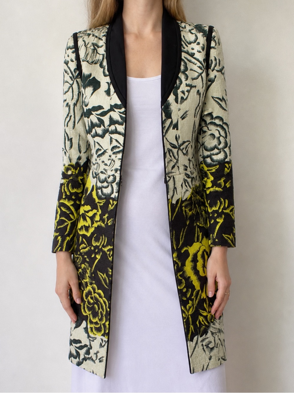 Etro Floral Yellow Black Printed Evening Jacket Coat Size 38 IT Size 2 US